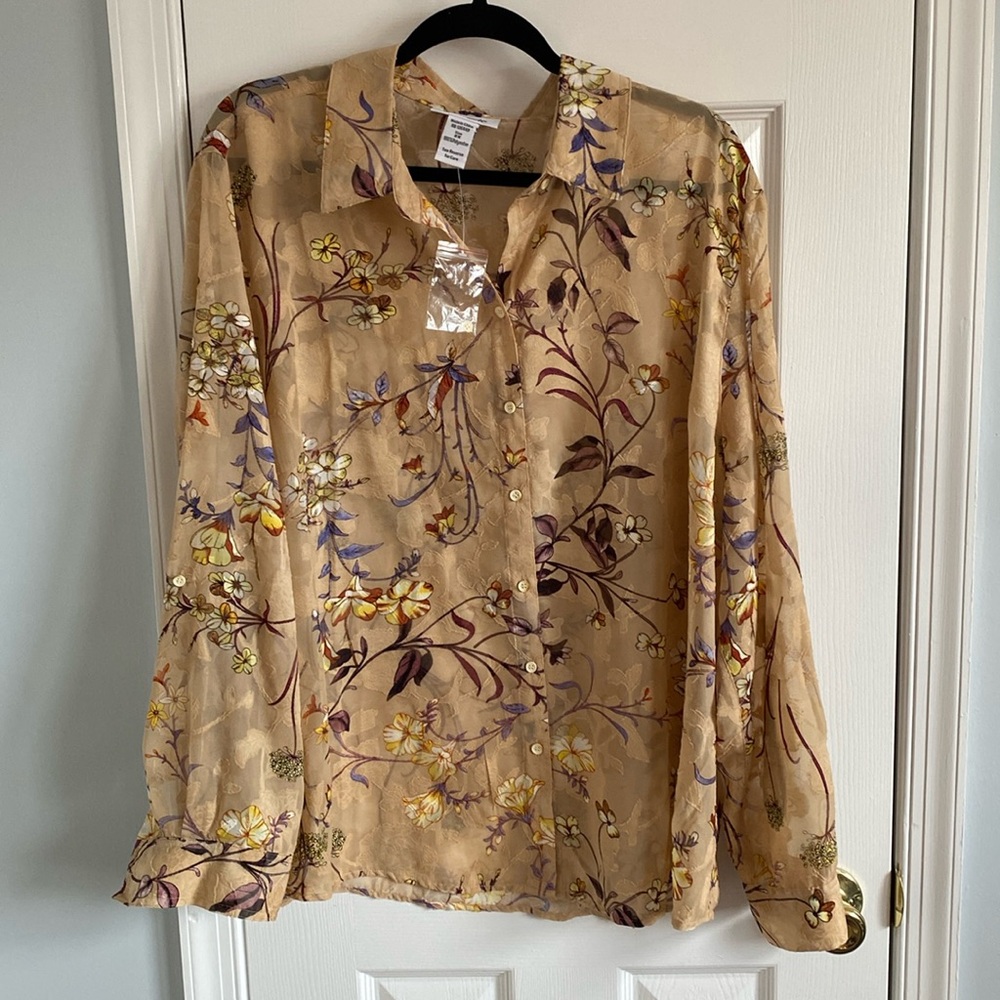 NWOT Serengeti Tan Sheer Button Down Long Sleeve Floral Blouse Womens Size 2X